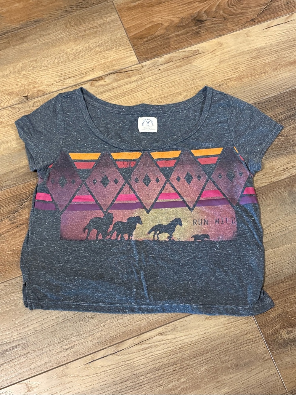 American Eagle Outfitters Gray Tee with Sunset Horse Graphic